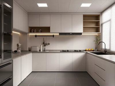 Modern Kitchen Interior With White Cabinets Gray Countertop Under Cabinet Lighting And Appliances 3d model