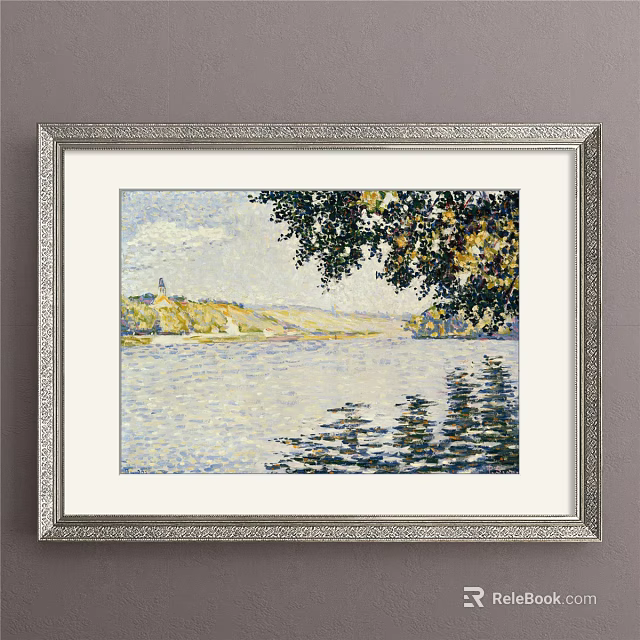 Serene Landscape Painting With Green Yellow Tree Water Reflections Distant Tower And Hillside 3d model 