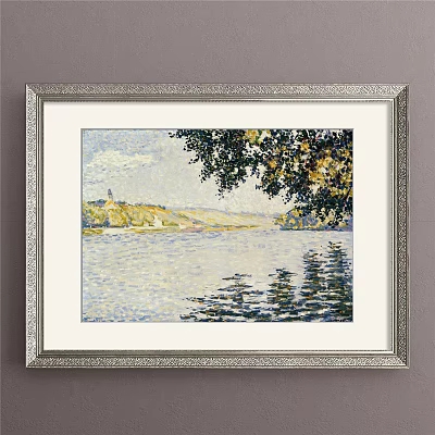 Serene Landscape Painting With Green Yellow Tree Water Reflections Distant Tower And Hillside 3d model