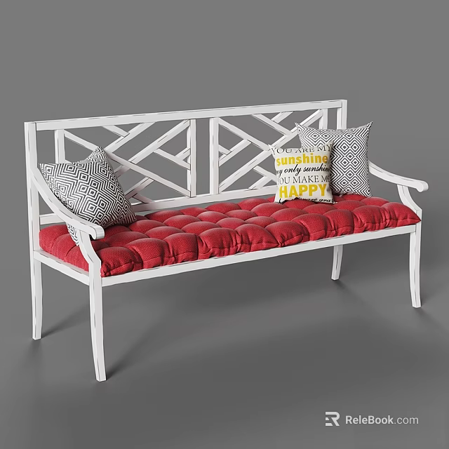 White Frame Two Seater Sofa With Crisscross Lattice Design Red Tufted Cushion And Decorative Pillows 3d model 