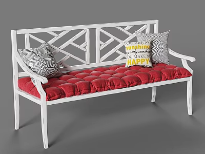 White Frame Two Seater Sofa With Crisscross Lattice Design Red Tufted Cushion And Decorative Pillows 3d model