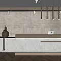 Elegant Front Desk Reception Area With Marble Countertop Pendant Lights And Green Plant
