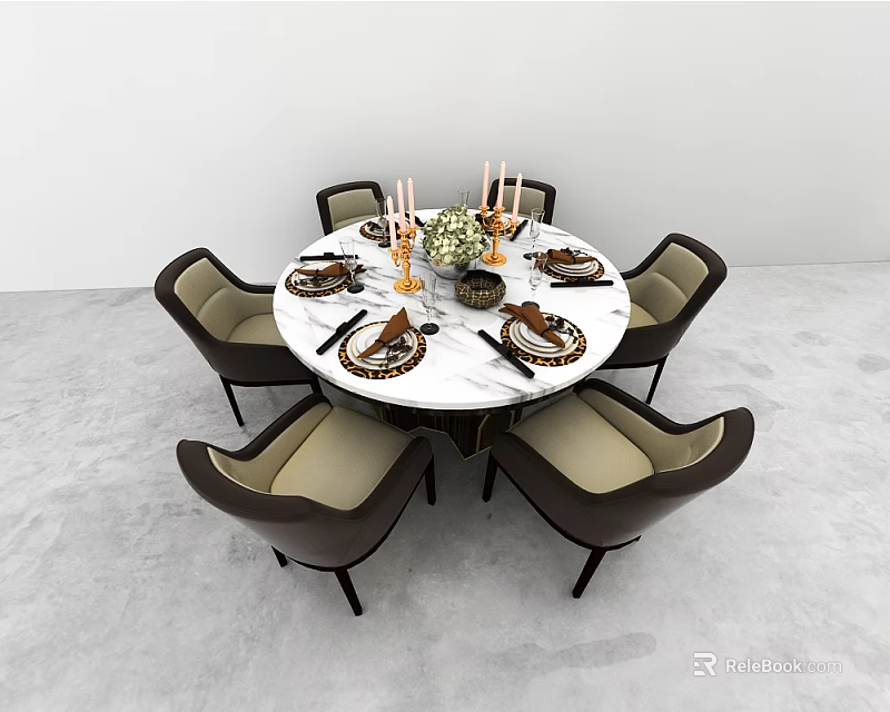 Round White Marble Top Dining Table Set with Brown Beige Chairs and Tableware Candle Holder 3d model