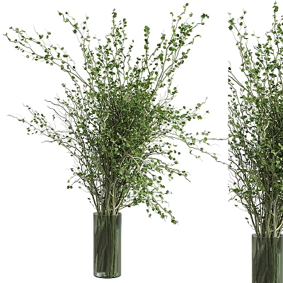 Decorative Ornament Set With Green Leafy Branches In Transparent Glass Vases For Interior Decor 3d model