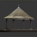 Octagonal Gazebo Structure With Conical Weathered Tile Roof And Columns On Octagonal Platform