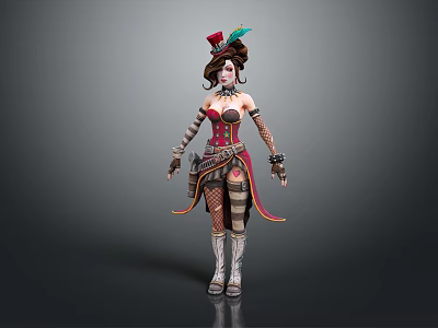 Steampunk Style Female Character In Elaborate Costume With Feathered Hat And Avian Elements 3d model