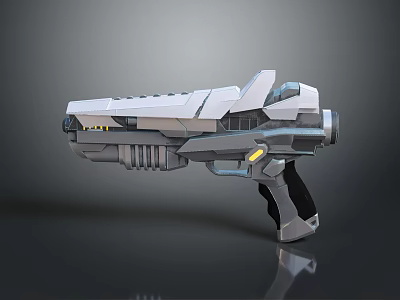 3D Rendered Futuristic Pistol With Metallic Gray Silver Finish And Yellow Accents 3d model