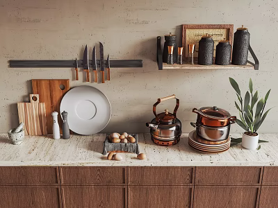 Kitchenware Display On Countertop With Wall Rack Holding Knives Cutting Boards Plates And Copper Pots 3d model