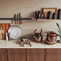 Kitchenware Display On Countertop With Wall Rack Holding Knives Cutting Boards Plates And Copper Pots