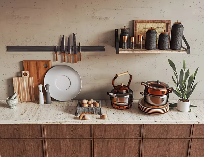Kitchenware Display On Countertop With Wall Rack Holding Knives Cutting Boards Plates And Copper Pots 3d model