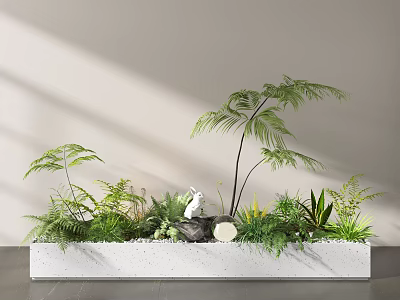Stylish Indoor Plant Combination in White Planter with Ferns Palm Rabbit Statue and Water Feature 3d model