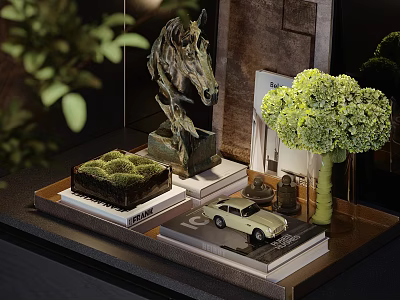 Decorative Ornament Set With Horse Sculpture Moss Decoration Car Model And Green Flower Bouquet 3d model