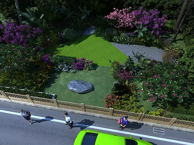 Lush Park Landscape With Green Lawn Purple Pink Flowers Large Rock And Trees 3d model