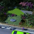 Lush Park Landscape With Green Lawn Purple Pink Flowers Large Rock And Trees