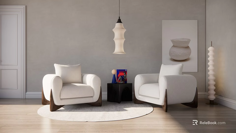 White Leisure Sofa Set Wooden Legs Round Coffee Table Gray Wall Pendant Light Art Painting 3d model 