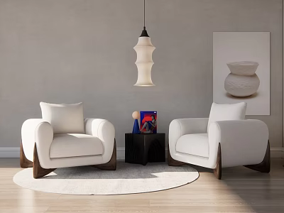 White Leisure Sofa Set Wooden Legs Round Coffee Table Gray Wall Pendant Light Art Painting 3d model