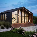 Modern Detached Villa Exterior With Large Glass Windows Stone Steps And Green Plants