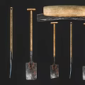 Vintage Hardware Tools Collection Shovels With Wooden Handles And Whetstone