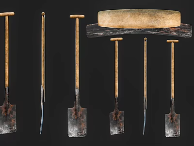 Vintage Hardware Tools Collection Shovels With Wooden Handles And Whetstone 3d model