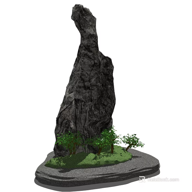 Bonsai Plant Display With Natural Rock Accent And Small Green Trees On Base 3d model 
