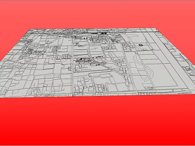 Scenic Line Drawn Urban Planning Map With Buildings Roads And Red Background 3d model