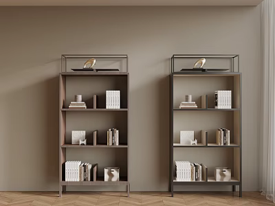 Modern Bookshelves Interior With Books Decorations Light Brown Wall And Wooden Floor 3d model