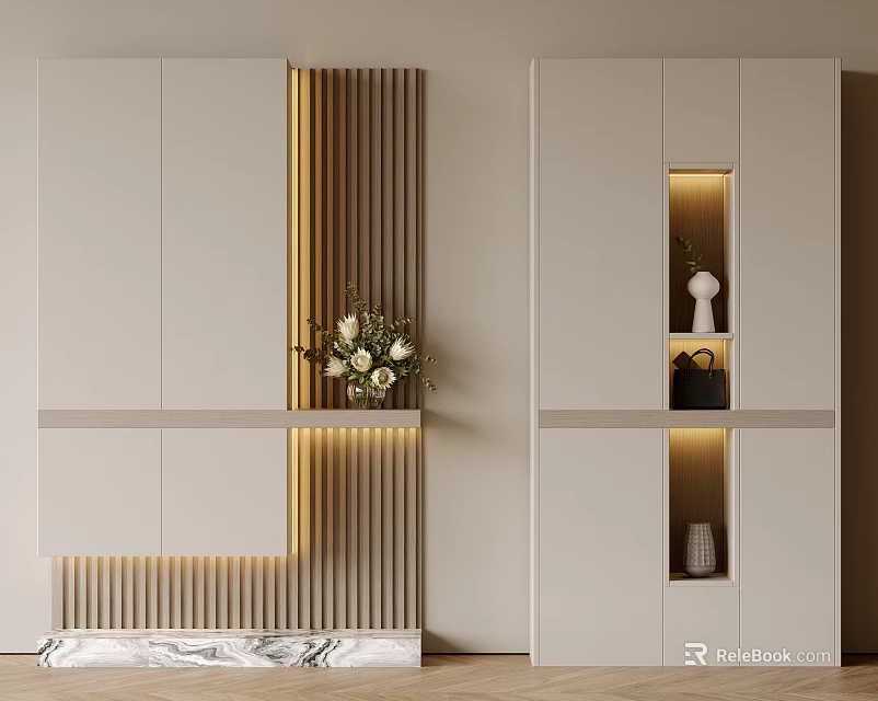 Modern Entryway Console Cabinet And Sideboard With LED Lights Wooden Slats Decor Vases And Marble Accents 3d model 