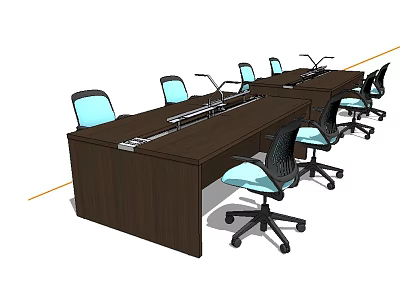 Long Dark Wood Conference Desk With Blue Cushioned Chairs And Microphones 3d model