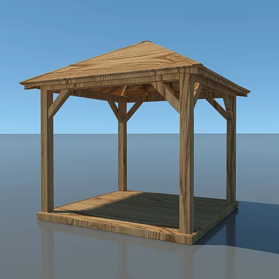 Outdoor Wooden Gazebo Structure With Open Design Roof Pillars And Platform 3d model