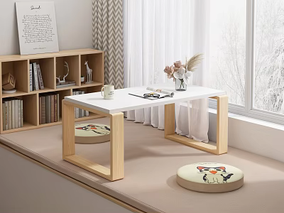 Modern Coffee Table With White Tabletop Wooden Frame And Round Cushions By Window 3d model