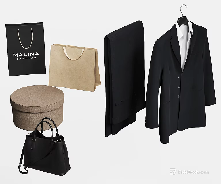 Elegant Black Suit Jacket With Handbag Shopping Bag Round Box And Fashion Accessories 3d model 