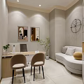 Modern Beauty Salon Interior With Curved Ceiling White Reception Desk Product Shelves And Salon Chairs