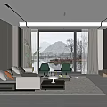 Modern Minimalist Living Room Interior With Large Windows Sofa Coffee Table Rug And Wall Art