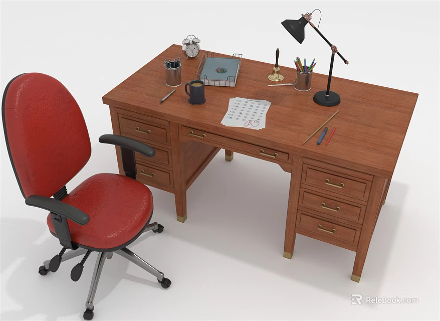 Wooden Office Desk With Red Office Chair Black Desk Lamp Notebook And Pencil Holder 3d model 