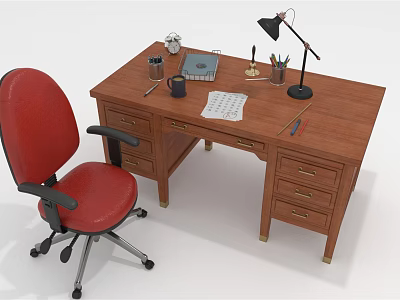 Wooden Office Desk With Red Office Chair Black Desk Lamp Notebook And Pencil Holder 3d model