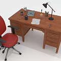 Wooden Office Desk With Red Office Chair Black Desk Lamp Notebook And Pencil Holder