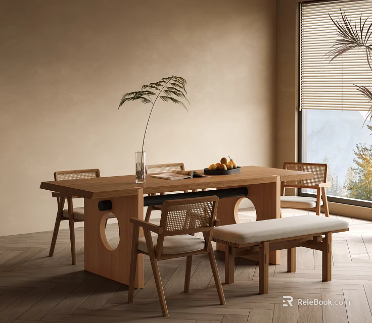 Natural Wooden Dining Table Set With Chairs Bench Vase And Fruit Platter By Window 3d model 