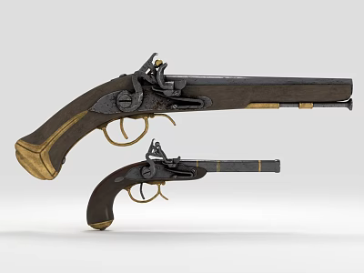Antique Historical Weapons Vintage Pistols With Brass Accents And Wooden Grips 3d model