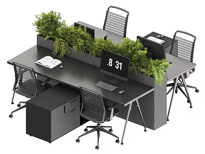 Modern Black Office Desk Setup With Green Plants Computer Monitor And Chairs 3d model