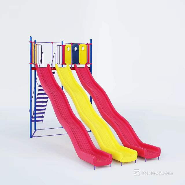 Colorful Outdoor Playground Equipment with Red Yellow Slides and Blue Metal Ladder Frame 3d model 