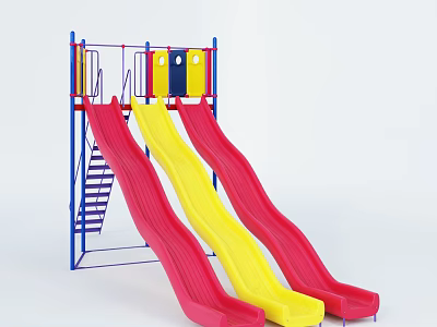 Colorful Outdoor Playground Equipment with Red Yellow Slides and Blue Metal Ladder Frame 3d model