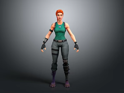 Game Movie Character 3D Model With Red Hair Green Tank Top And Gray Cargo Pants 3d model