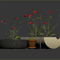 Red Flowers Growing In Tire Planter Clay Pot And Boat Shaped Container On Gray Background