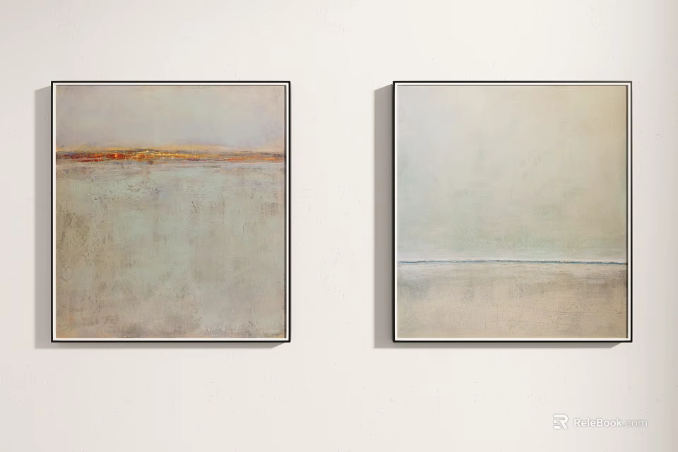 Two Abstract Paintings Hanging On White Wall With Black Frames And Soft Tones 3d model