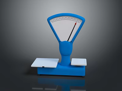 Blue Balance Scale With White Trays Dial Pointer And Reflective Base On Dark Background 3d model