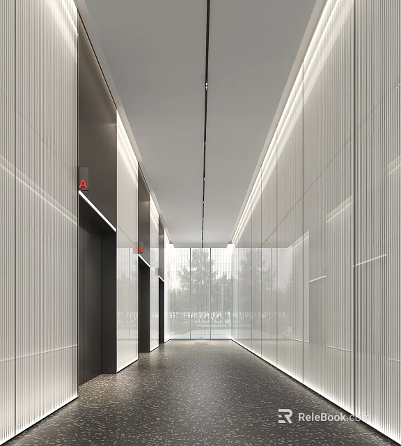 Modern Elevator Hallway With Glass Walls Vertical Stripes Ceiling Light Strips Natural Light And Dark Flooring 3d model 
