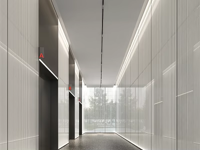Modern Elevator Hallway With Glass Walls Vertical Stripes Ceiling Light Strips Natural Light And Dark Flooring 3d model
