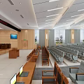 Courtroom Interior Design With Wooden Audience Seats Judge Bench And Large Screens