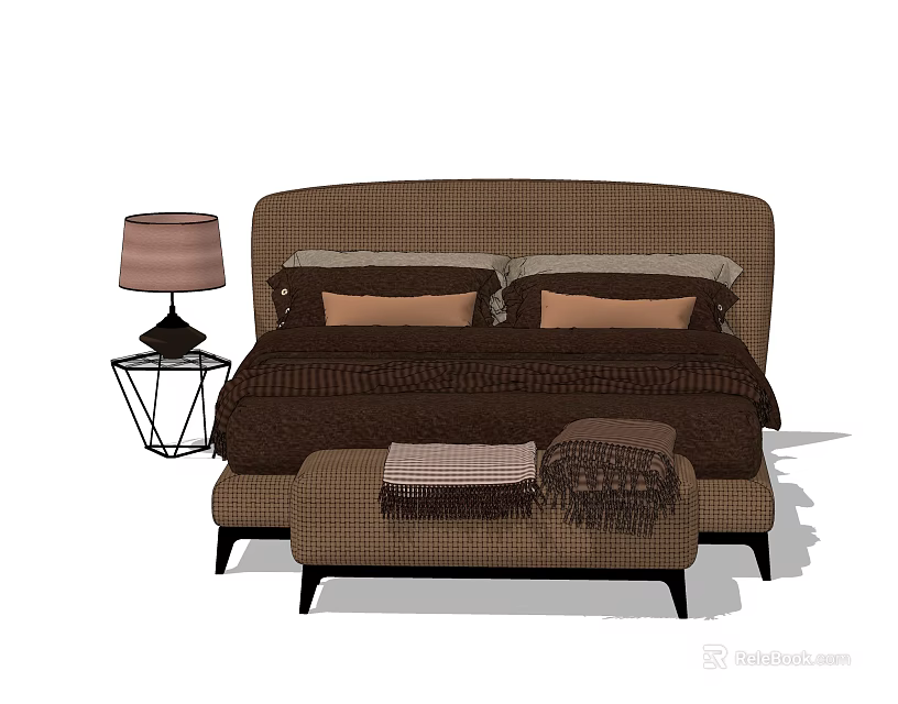 Double Bed with Brown Checkered Headboard Pillows Comforter and Footstool with Side Table Lamp 3d model