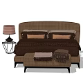 Double Bed with Brown Checkered Headboard Pillows Comforter and Footstool with Side Table Lamp 3d model